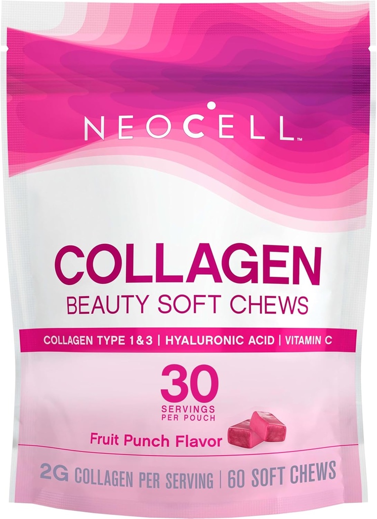 NeoCell Collagen Beauty Soft Chews 配有维生素C和Hyaluronic酸,用于头发,皮肤和钉子健康,水果冲刺,软壳,60个计数,1个包