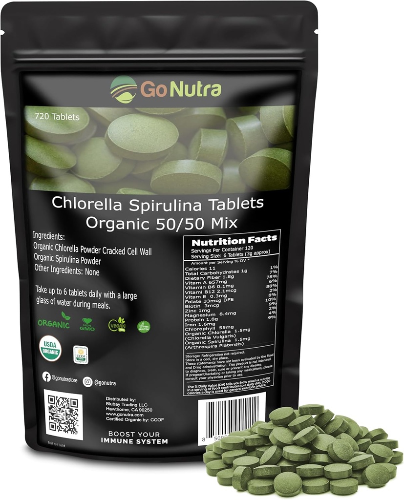 Go Nutra Organic Spirulina Chlorella Tablety 50/50 Blend 