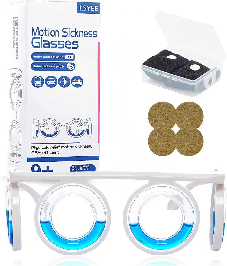 Anti- Motion Sickness Glasses, Motion Sickness Bands (Warna Random), Motion Sickness Patch, Antiemetic, Tiga dalam Satu Paket untuk Dewasa atau Anak-anak