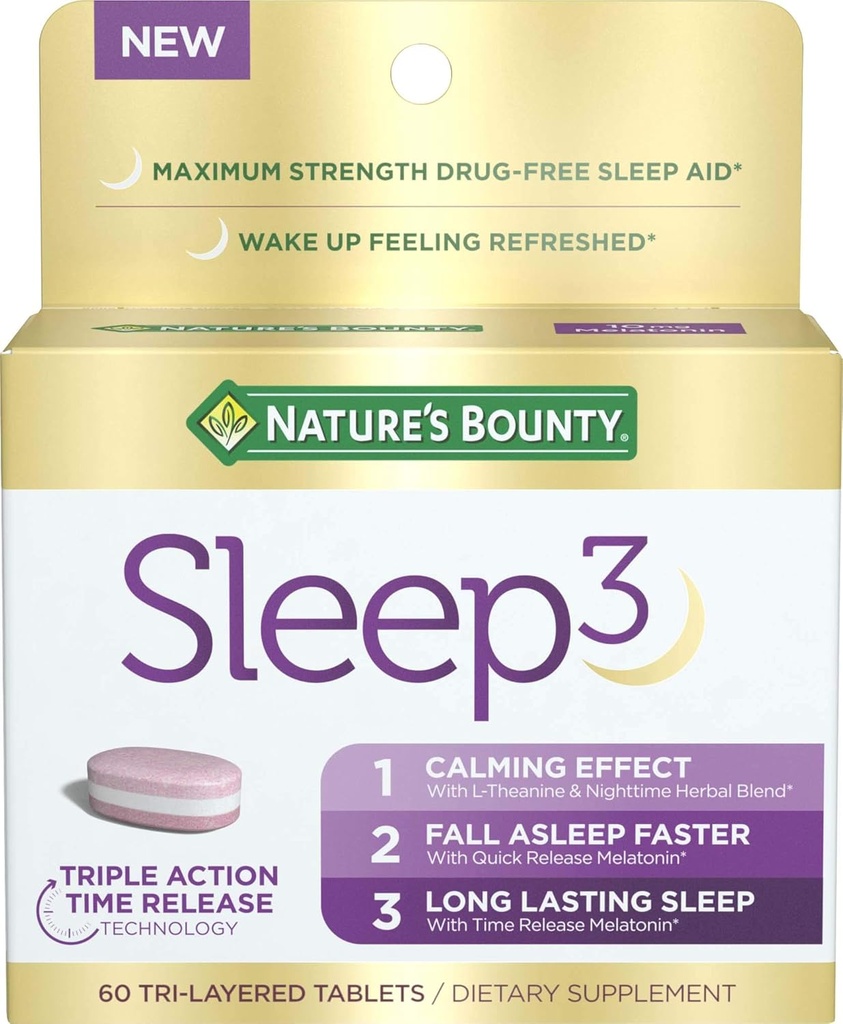Természet Bounty Sleep3 Melatonin 10 mg, Maximális hatáserősség 100% Drug Free Sleep Aid, Diétás kiegészítés, L- Theanine & Nighttime Herbal Blend Time Release Technology, 60 Tri- rétegelt tabletta