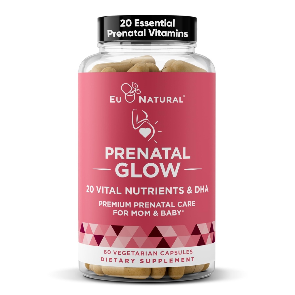 Eu Natural Glow Prenatal Vitamins for Women - 20-in-1 Prenatal Multivitamin with Folate & Vegan DHA - Supports Healthy Pregnancy, Fetal Development & Mom’s Comfort - 60 Vegetarian Capsules