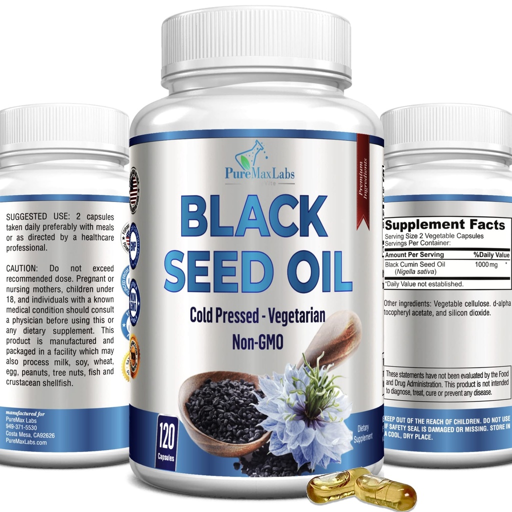 YUMMYVITE Cold Pressed Black Seed Oil - 120 Capsules, Premium Nigella Sativa Pure Black Cumin Seed Oil with Vitamin E, for Hair, Skin & Immune Health - Non-GMO 120 Capsules
