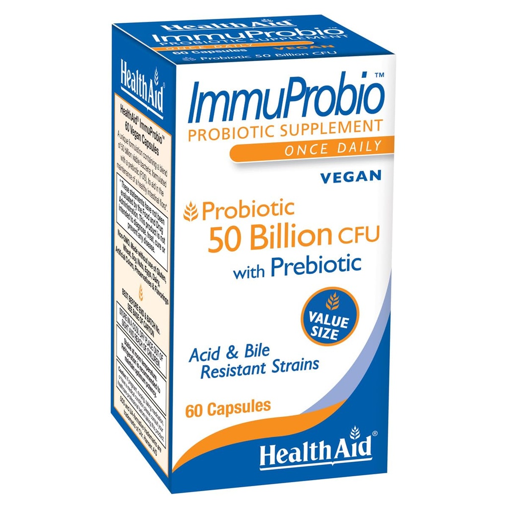HealthAid ImmuProbio 50 Billion CFU Probiotic – Once Daily Digestive & Immune Support – with Prebiotic (FOS) & DDS-1 Strain – Acid & Bile Resistant – Vegan – 60 Capsules*