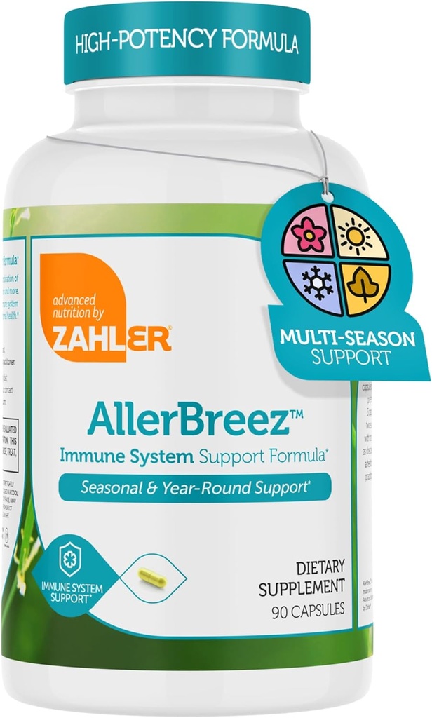 Zahler AllerBreez Immune System תומך פורמולה עם ויטמין C, Quercetin, ויטמין B5, MSM & Sting Nettle - Seasonal & Year-Round Immune Support Supplement, Dhist Allergy (180 קפסולות)