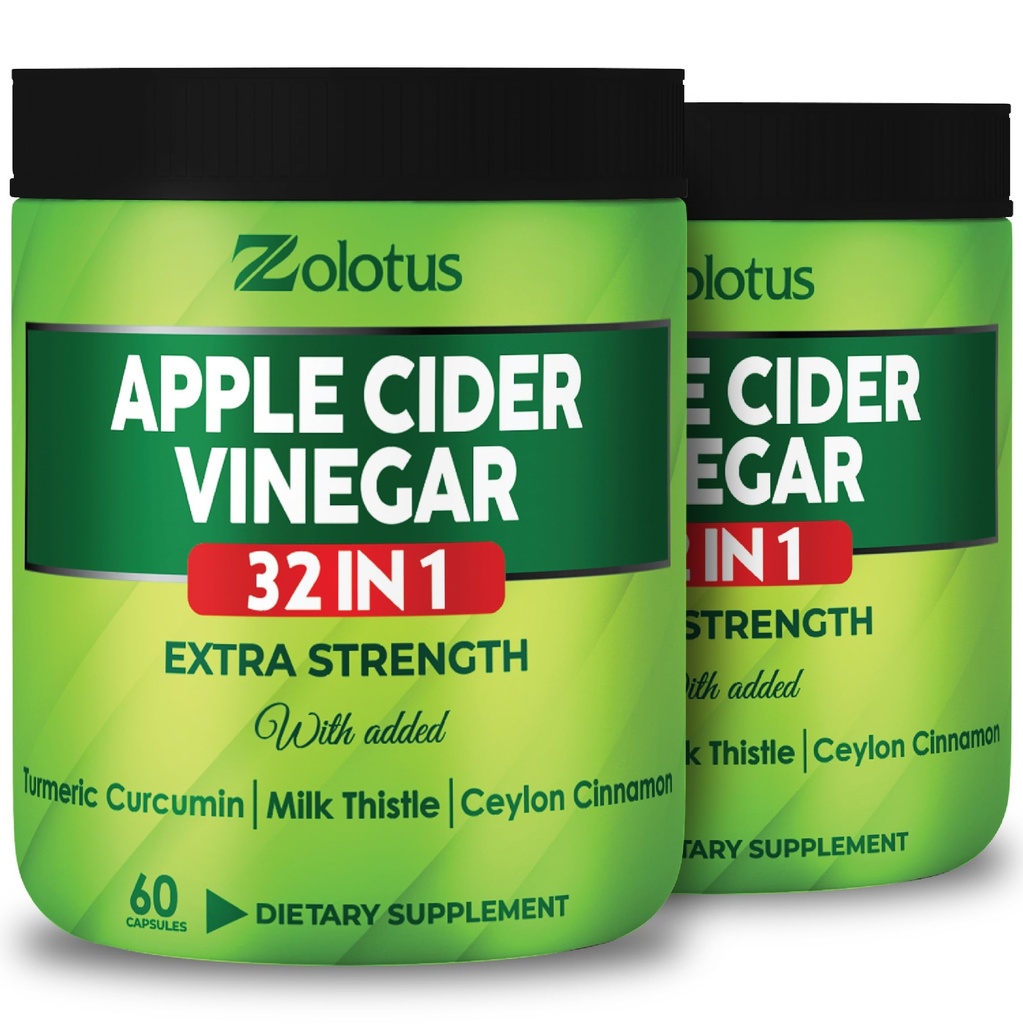 Zolotus Apple Cider Vinegar Capsules 32in1, with Turmeric, Cinnamon, Milk Thistle, Berberine, Elderberry, Quercetin - (2 Packs) 60 Capsules