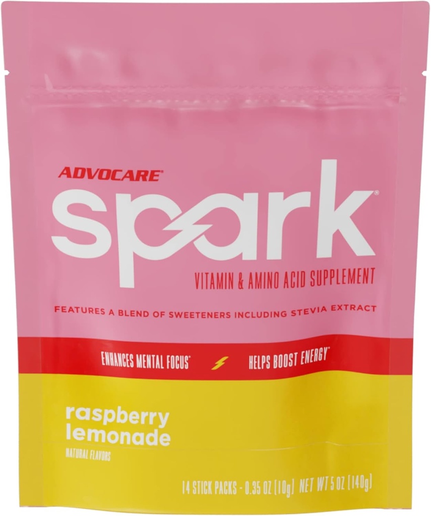 AdvoCare Spark Vitamin & Amino Acid Tərcümə - Şərhsiz Focus və Enerji İçki Toz Vitaminlər A, C, E & B-12 - Raspberry Limonade, 14 Stick Packs