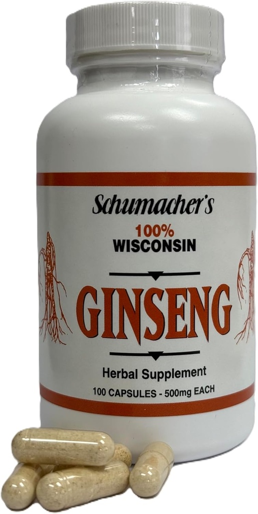 美国Ginseng Capsules,100%纯威斯康星州Ginseng,500mg,100Capsules - 最佳Ginseng补编,纯能威斯康星州Ginseng Roots by Schumacher Ginseng