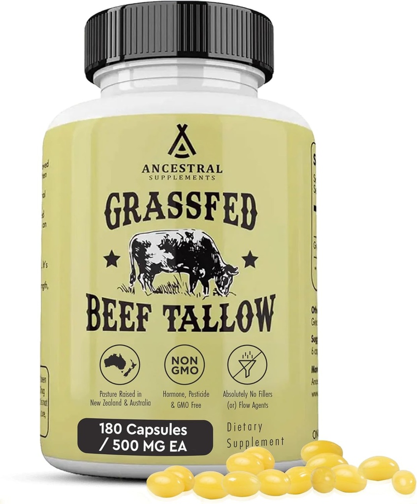 Suplemen Ansestral Grass Fed Beef Tallow Capsules, 3000mg, Nancheshing Ginney Fat Suplemen Bones, Teeth, Gums, Skin, Imune dan Overall Health, Nun-GMO, 180 Capsules