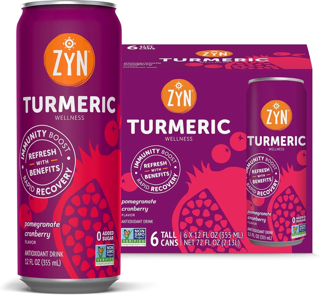 ZYN gurkemeje Wellness drink (6 Pack), Pomegranat Tranebær Flavored gurkemeje drik med sort peber, ingen tilsat sukker, lav Carb & lav kalorie drik, ren alternativ