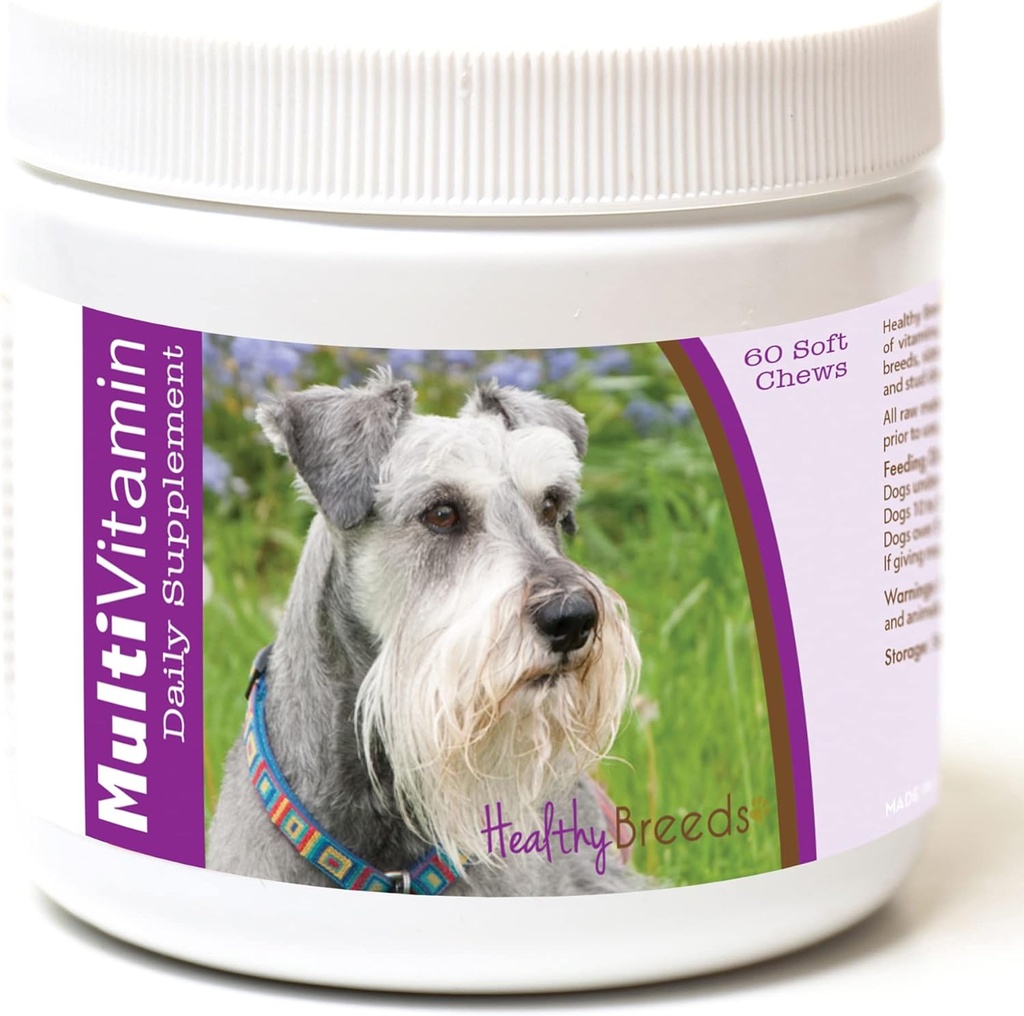 Hierbas saludables Miniatura Schnauzer Multivitamina para perros - Vet Suplemento diario recomendado - Bacon Flavored - 60 cerdas suaves