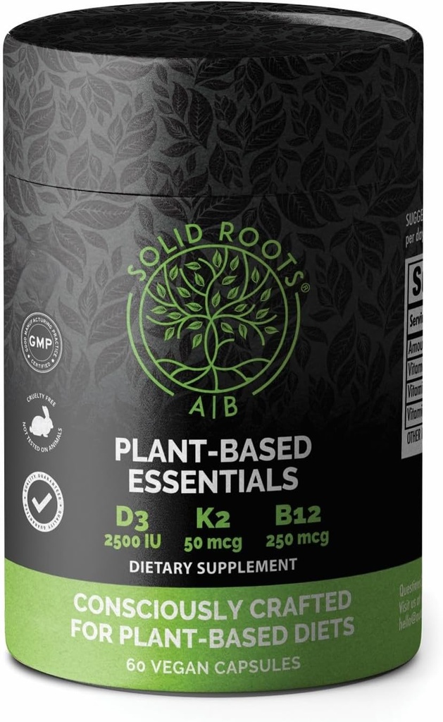 SOLID ROOTS Vegan Vitamin D3 + K2 + B12 per Bones, Cuore, Pelle, Teeth Plant-Based Multivitamin Essentials
