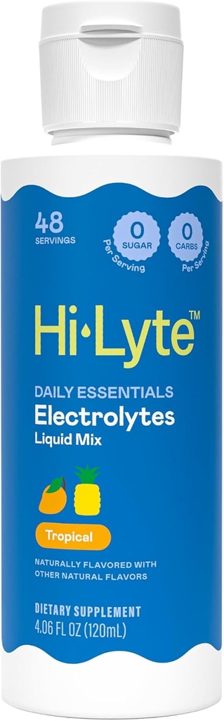 Hi-Lyte Daily Essentials Elektrolitoak Liquid Tropical, 48 Zerbitzu - Sodio, Potasio, Magnesio, Itsasoko Mineralak - Hidratazioa eguneroko ongizaterako, Keto - 0 Sugar, 0 Carbs