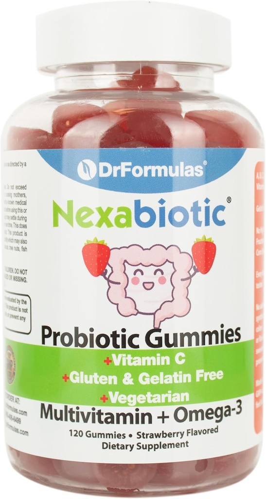 DrFormulas Multivitaminas Gummies con Omega 3 e Probióticos para nenos e adultos con vitamina C | Nexabiótico con vitamina A, C, D3, E, B6, B12 e Zinc, Biotina, Folate | Halal Vegetarian, 120 Conde