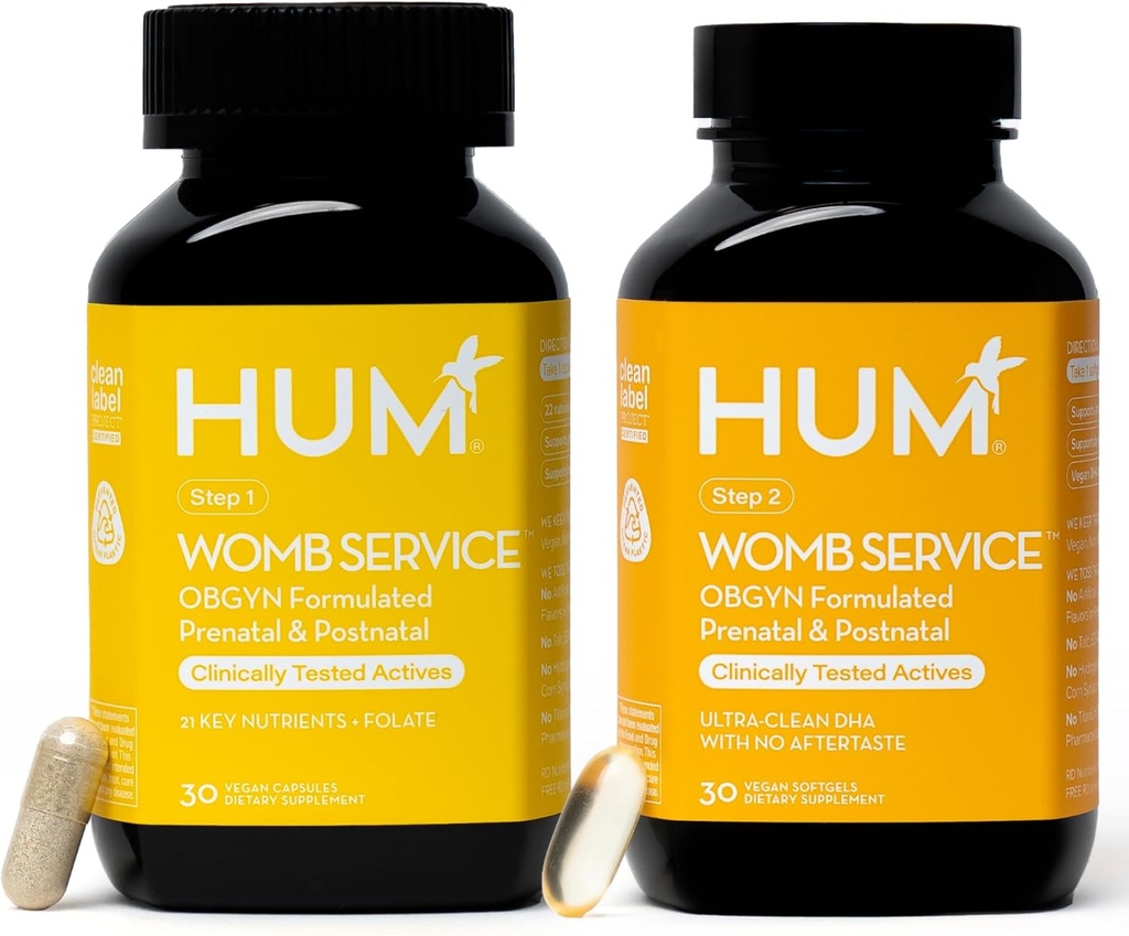 HUM Womb Service Postnatal & Prenatal Supplements for Women, Vegan DHA, Choline & Folate, Clean Daily Nutrients, Pre-to-Post 임신 지원, 30 Vegan 캡슐 및 30 Softgels