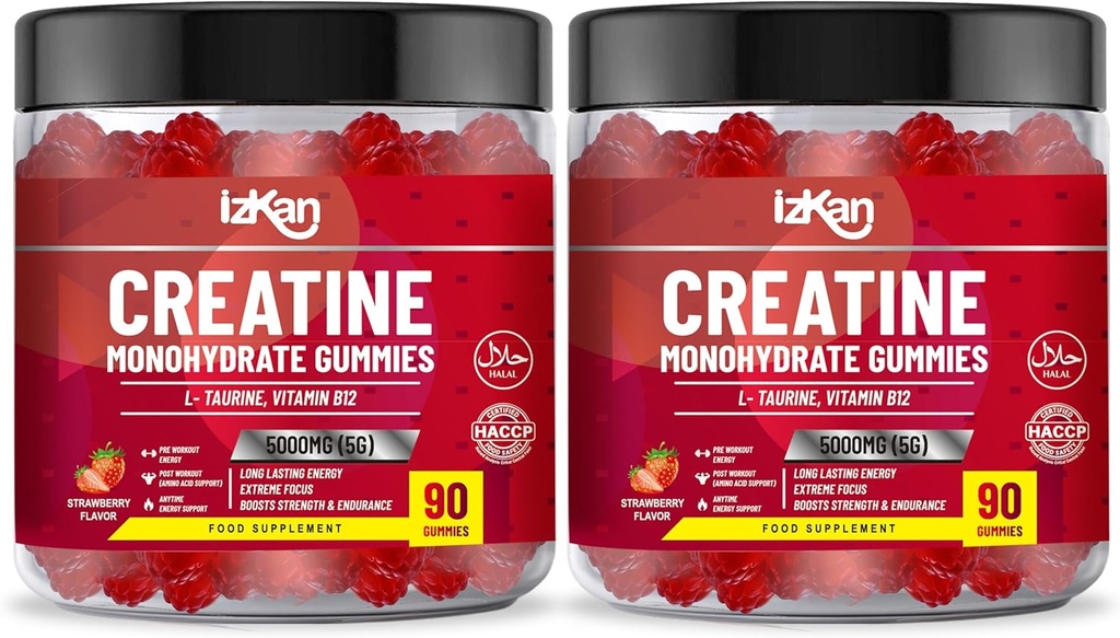 Kreatinmonohydrat Gummy 5000mg för män och kvinnor - 180 Chewable Creatine ADVANCE COMPLEX Taurine & B12 Gummies Strawberry Flavoured | Pre Workout Gym Supplement| Halal | Vegan | (2 Månader Supply)