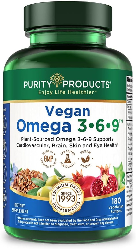 Puhtustooted Vegan Omega 3-6-9 valem - "5 in 1" Essential Rasvhapete kompleks - teaduslikult formuleeritud taimepõhine Omega 3 6 9 Essential Rasvhapped (EFA) - 3 kuu pakkumine - 180 Softgels