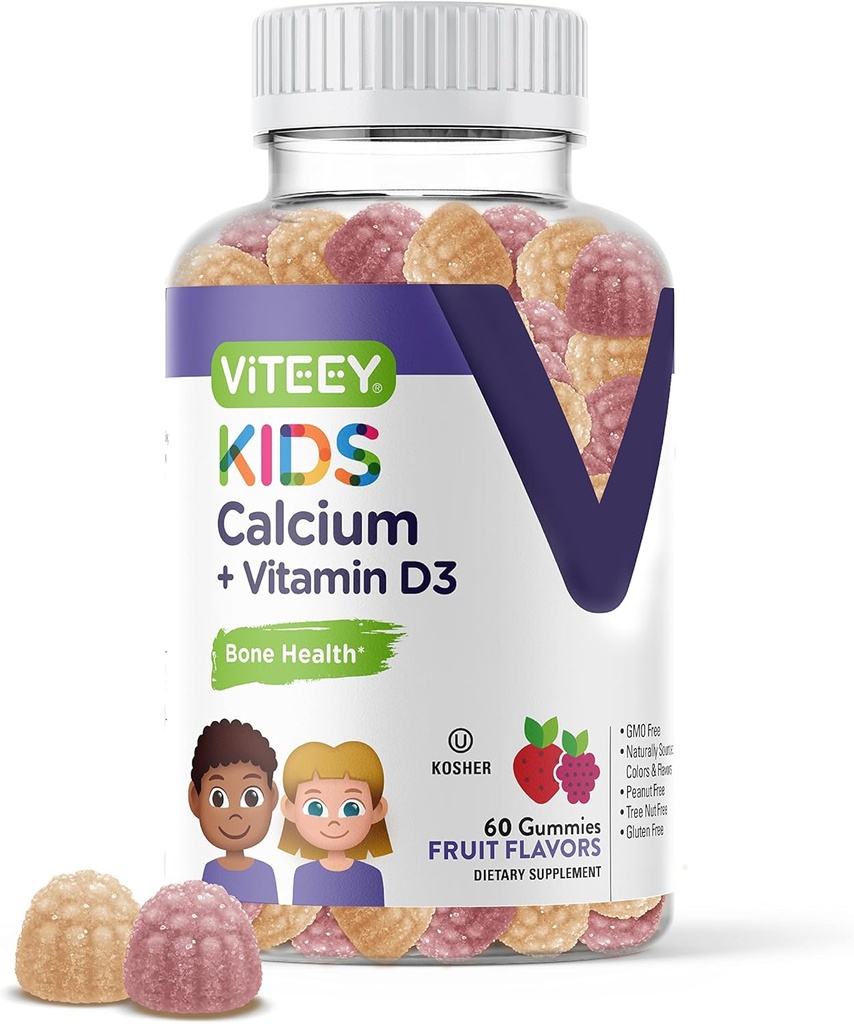 Gummie di calcio per bambini con vitamina D3 - Supporta la salute di ossa e denti - Calcium naturale 500mg Plus Vitamina D3 1000iu - Gluten Free, OGM Free - Tasty Chewable Fruit Flavored Gummy