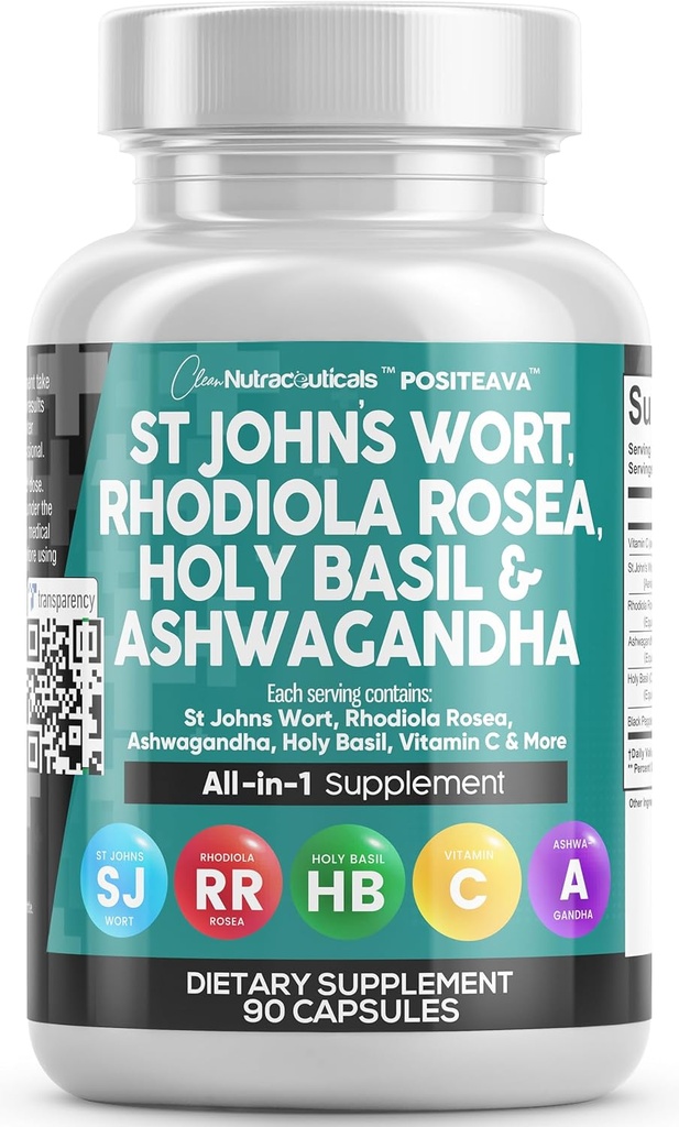 Saubere Nutraceuticals St Johns Wort Rhodiola Rosea Heilige Basil Ashwagandha - Mood Unterstützung für Frauen und Männer mit Vitamin C & Schwarz Pfeffer Extrakt - 90 Caps