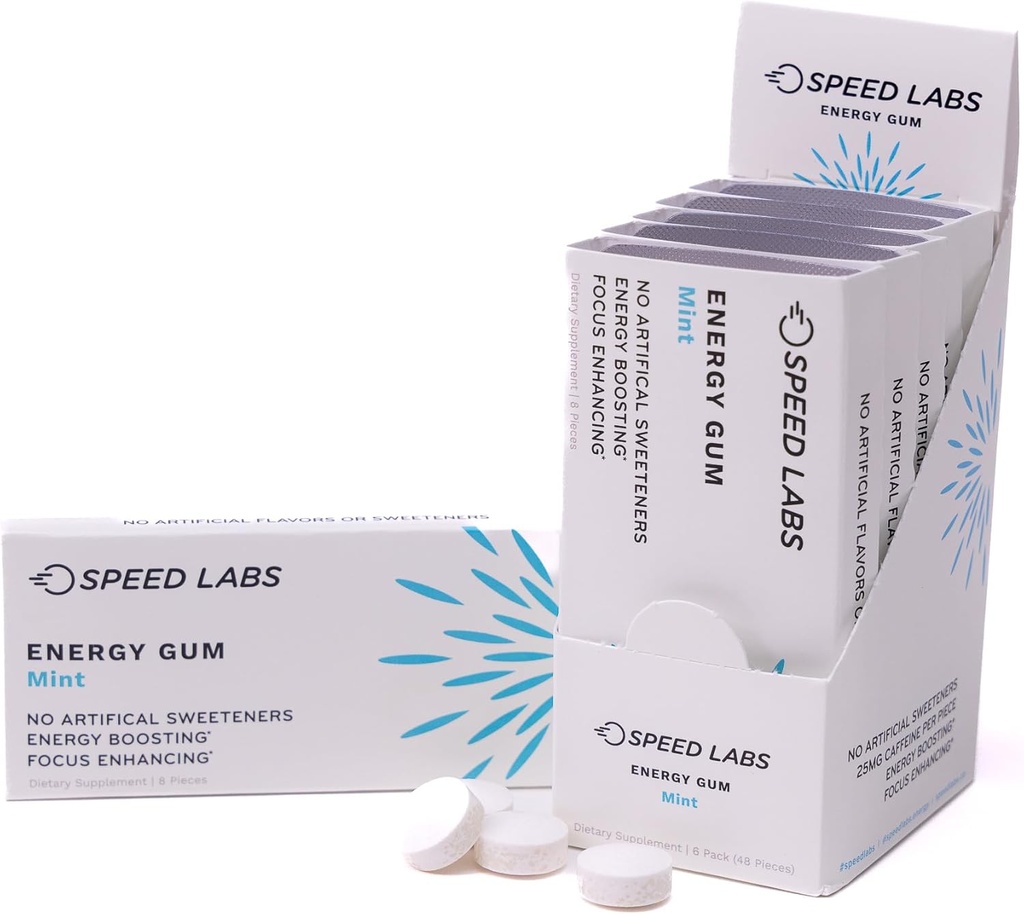 Speed Labs Mint Natural Caffeine Energy Gum 25mg Caffeine, Taurine, B Vitamins Per Piece, 48 Pieces (6 Packs of 8) Sugar Free, Zero Calories, Naturally Sweetened, Gluten Free
