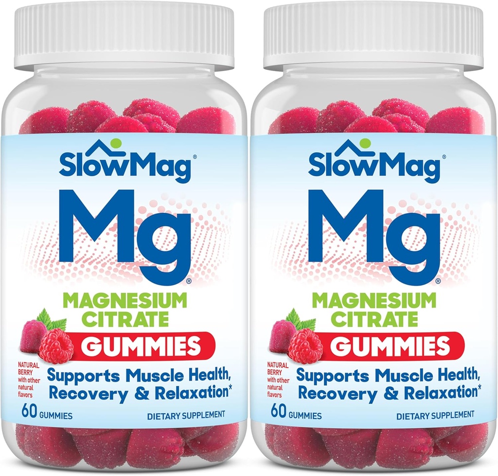 SlowMag Magnesium Citrate Gummies, 60 Count, Supports Muscle Health, Natural Berry Flavor, Recovery & Relaxation Pack of 2