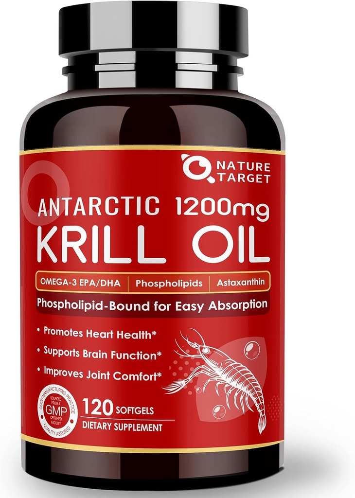 NATURE MĒRĶA Krila eļļa 1200mg ar Omega-3 EPA un DHA ar astaksantīnu, fosfolipīdiem un holīnu - atbalsta sirds, smadzenes, pievienojas veselībai, nav GMO, nav lipekļa, 120 Softgels (60 Servē)