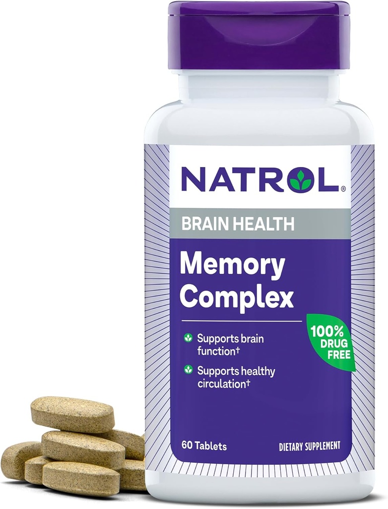 Natrol Memory Complex z Ginkgo Biloba 120mg i witamin B, Suplement diety dla zdrowia mózgu i wsparcia pamięci, 60 tabletek, 30 Day Supply