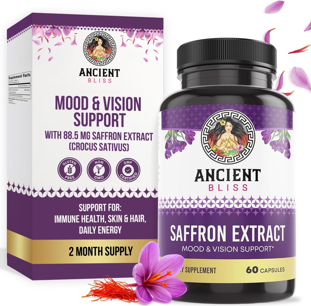Ancien Bliss Saffron Extract Capsules Mood & Eye Support Supplément, Saffron Extract Suppression de l'appétit Gestion du poids pour les femmes et les hommes (60 capsules)
