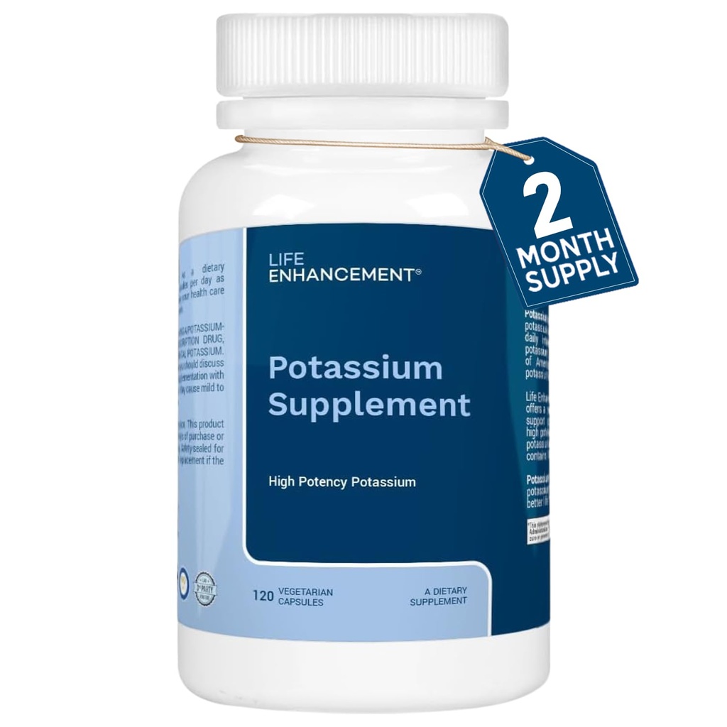 Life Enhancement High Potency 1020 mg Potassium Supplement for Muscle, Brain & Bone Health - No Additives High Absorption Elemental Potassium Supplement, Made in USA (120 Capsules – 60 Servings)