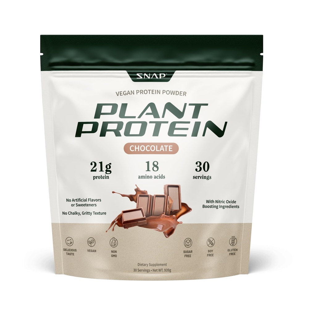 Snap Supplements Organic Plant Based Vegan Protein Powder Nitric Oxide Boosting Protein Powder, BCAA Amino Acid for Muscle Growth, Performance & Recovery - 30 Servings (Chocolate)