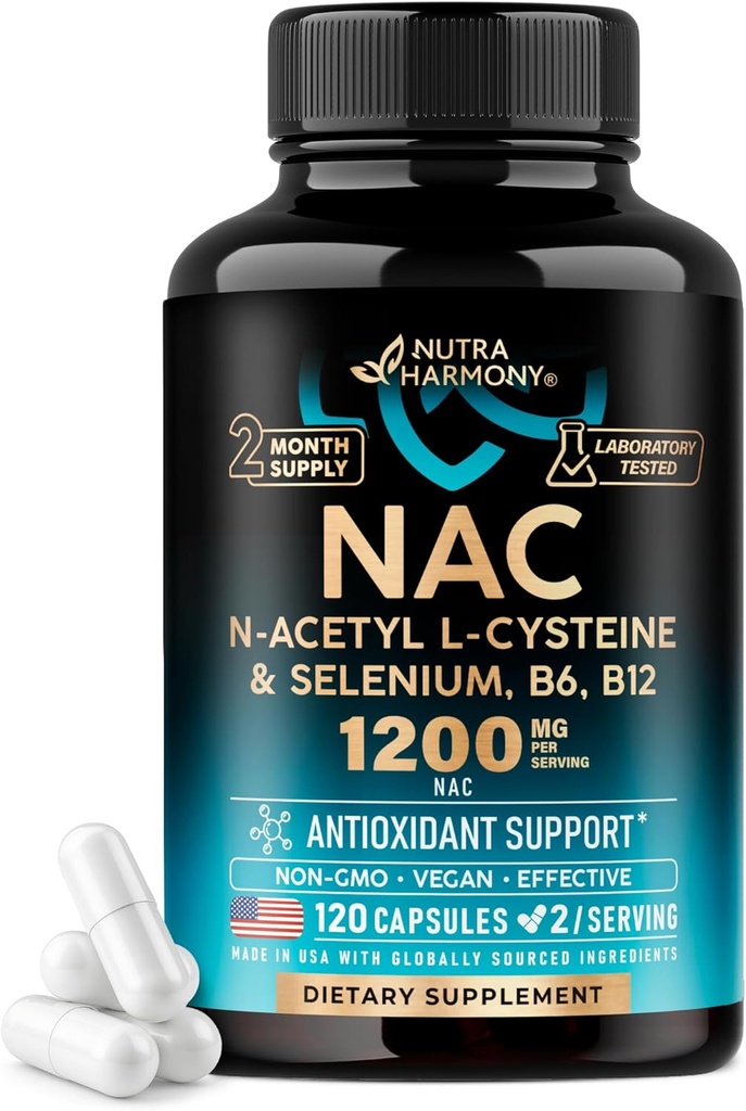 NAC 补充 → 硒 → B6 → B12 - 抗氧化剂,免疫支持 – N 乙酰Cysteine 600 mg / Capsule, 1200 mg / service - 在美国制造 - 非GMO, Gluten-free, Vegan - 120 帽,2个月供应