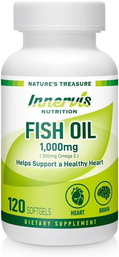 Fish Oil 1000mg - Podpora srdce, mozku a očí s Omega33 EPA & DHA, 120 Softgels, Non- GMO CART124; Innervis Nutrition