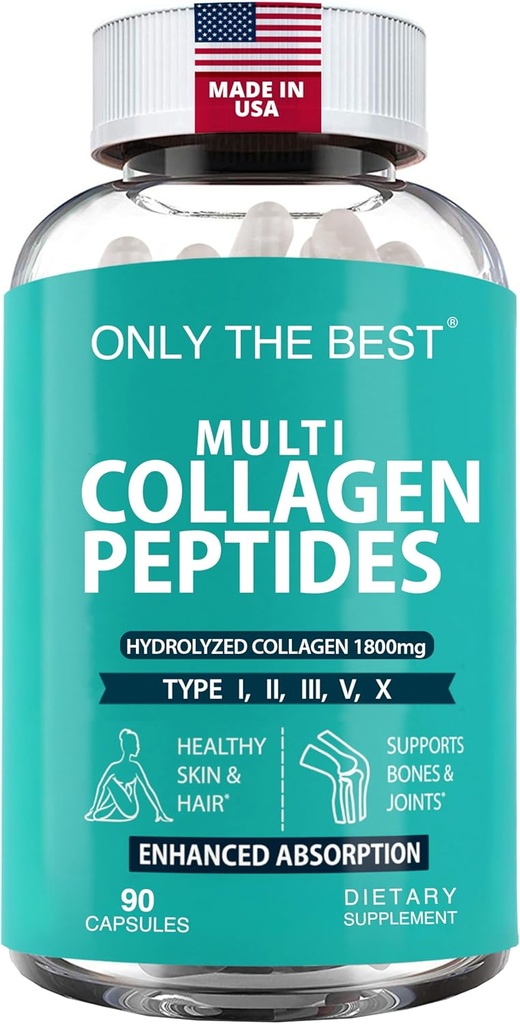Premium Multi Collagen Peptides kapselit 1800mg - tyypit I, II, III, V, X tukemaan ihoa, hiuksia, kynsiä - auttaa luut, nivelet, lihakset, & Dgestive Health * Hydrolysoitu kollageeni täydentää 90 kapselia