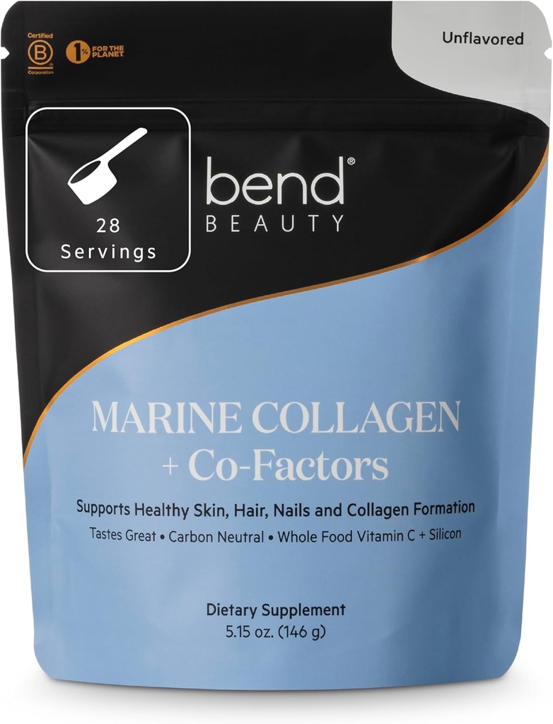 Bend Beauty Marine Collagen + Co-Factors | Unflavored Collagen Powder | Hydrolyzed Collagen Supplement | Fish Collagen Peptides + Silicon + bitamina C | Azala, ilea eta Nails osasuntsua onartzen du
