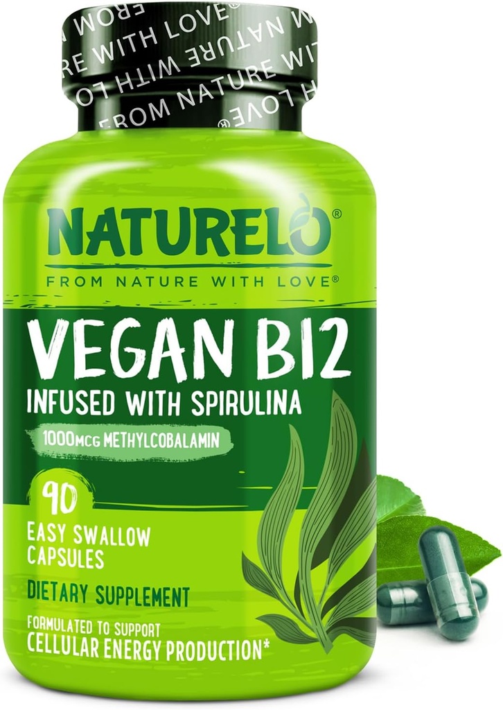 NATURELO Vegan B12 - Methyl B12 s organickou spirulinou - High potency Vitamin B12 1000 mcg Methylkobalamin - Podporuje zdravý nádech, energii, srdce a oční zdraví - 90 Kapsle