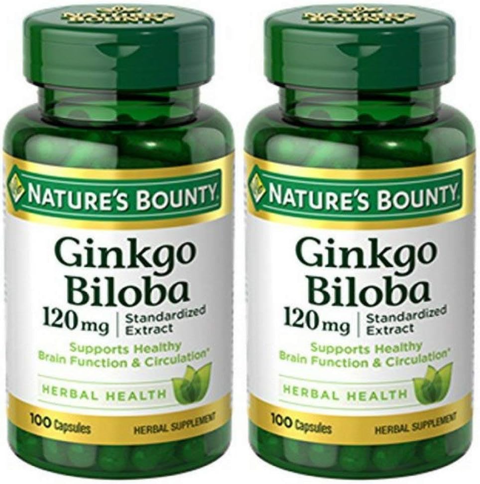Nature 's Bounty Ginkgo Biloba Standardizovaný extrakt 120 mg, Bylinné láhve, Kapsle, 100 Počet, Balení po 2
