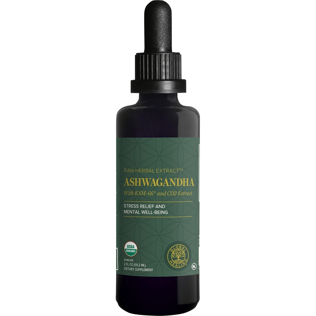 Global Healing Center - Organic Ashwagandha Supplements Drops - KSM-66 Ashwagandha Extra Strength for Men & Women, Helps Promote Relief from Stress, Mood Support, Organic (2 Fl Oz)