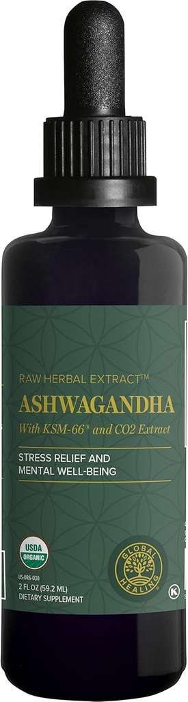 Global Healing Center - Organic Ashwagandha doplnky kvapky - KSM-66 Ashwagandha Extra sila pre mužov a ženy, pomáha podporovať úľavu od stresu, Mood Support, Organic (2 Fl Oz)