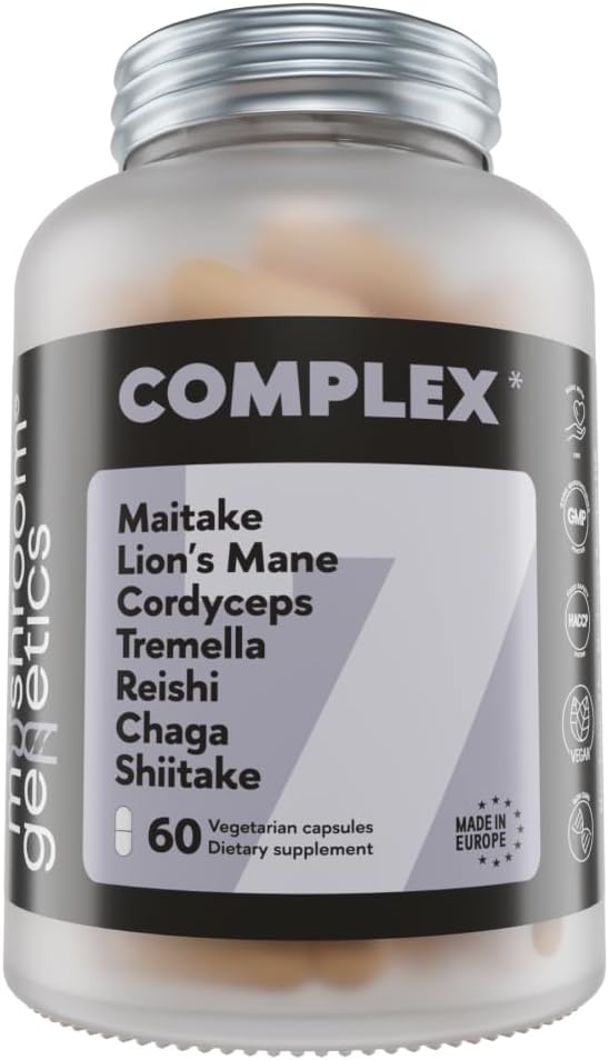 복합 7 - 유기 레이시, 사자 Mane, Cordyceps, Shiitake, Chaga, Maitake & Tremella Immune 지원, 초점 및 에너지 | Adaptogenic Nootropic 버섯 보충 | 60 캡슐