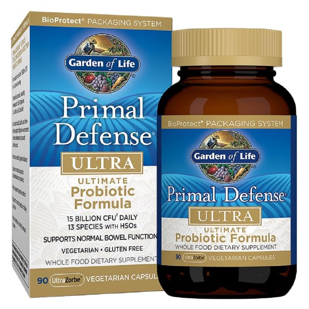 Garden of Life Probiotics for Digestive Health Balance, Primal Defense Ultra Ultimate Formula, 15 Billion CFU and 13 Strains Plus HSOs, Vegetarian and Gluten Free, 90 Capsules
