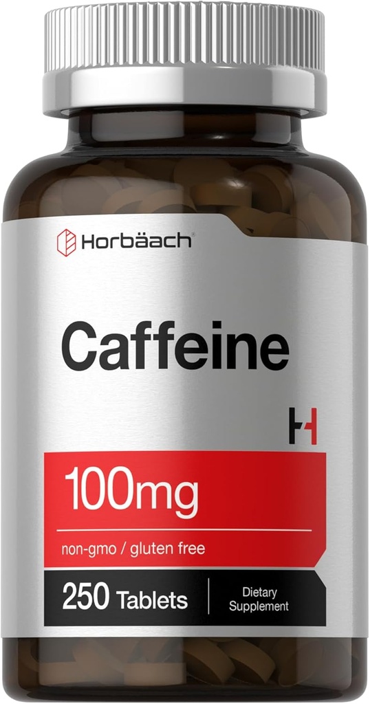 Horbäach Caffeine Pills 100mg 250 comprimidos fórmula vegetariana Não-GMO, Suplemento sem glúten