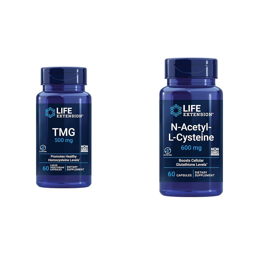 Life Extension TMG 500 mg – Trimethylglycine Supplement – Encourages Healthy Homocysteine Levels & N-Acetyl-L-Cysteine (NAC), Immune, Respiratory, Liver Health, NAC 600 mg