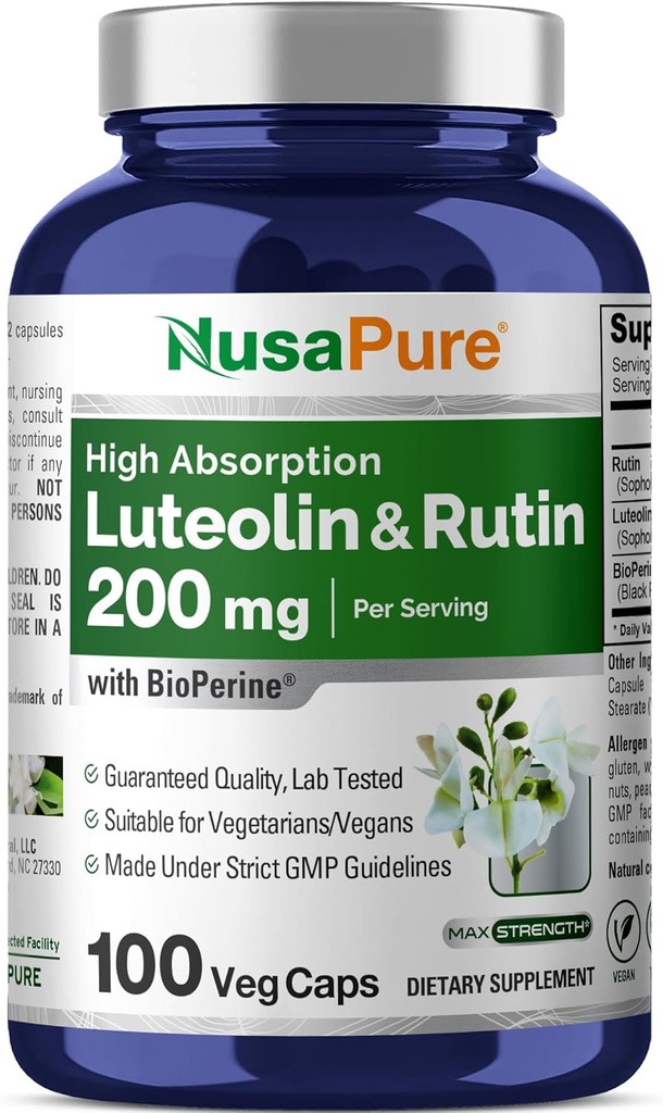 NusaPure Luteolin Complex с Рутином 200 мг | 100 капсул | Вегетарианская, не-ГМО и веганская флавоноидная формула