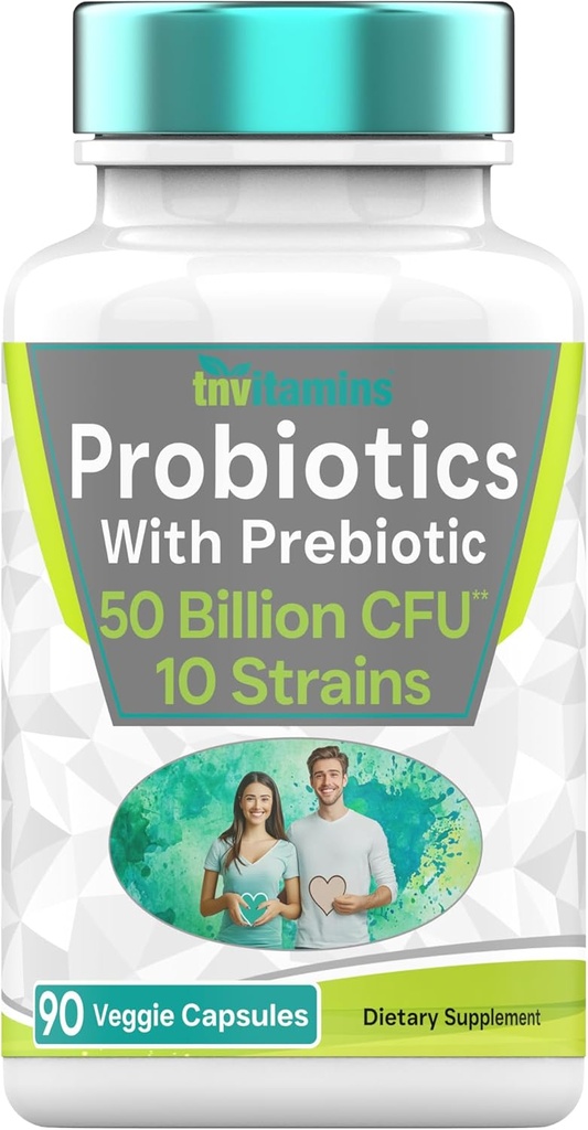 Probióticos com Prebiótico: 50 Bilhões UFC - 10 Strain - 90 Cápsulas Vegetarianas com Acidophilus Probiótico para Saúde Digestiva, Gut Health, & Imune Support*