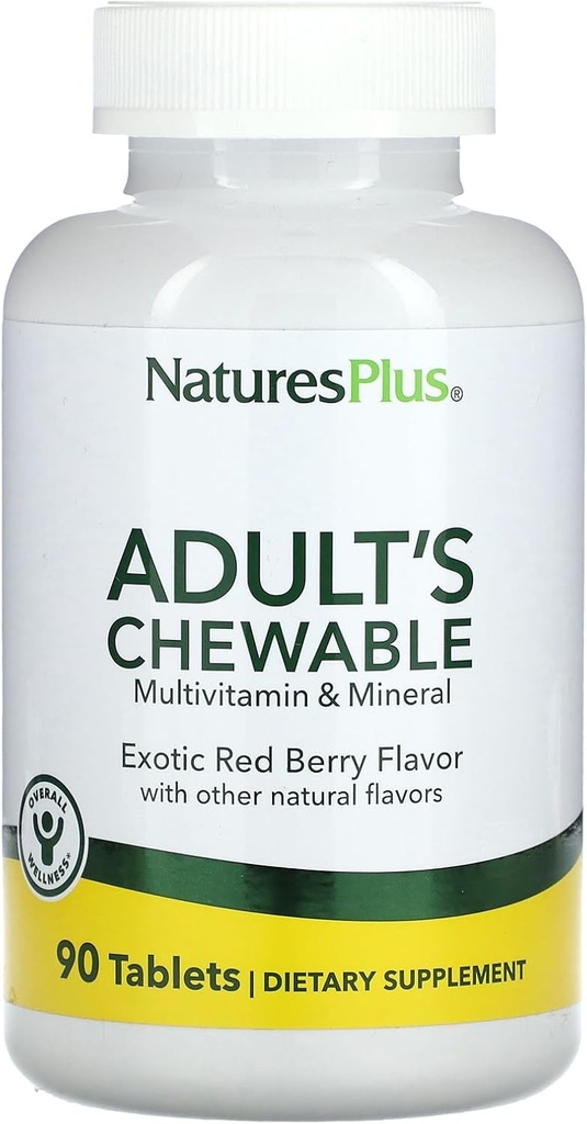 Natures Plus Adult's Chewable Multivitamin - 90 Vegetarian Tablets - Superfruitu gorri exotikoak Flavor - Elikadura oso naturalak Osasun osorako, Energia - Gluten-Free - 90 zerbitzu