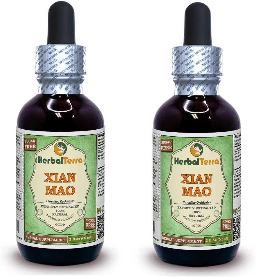 Xian Mao, Curculigo (Curculigo Orchioides) Glyceritt, organisk tørket rot pulver alkoholfri flytende ekstrakt (merkenavn: HerbalTerra, stolt laget i USA) 2x2 fl.oz (2x60 ml)