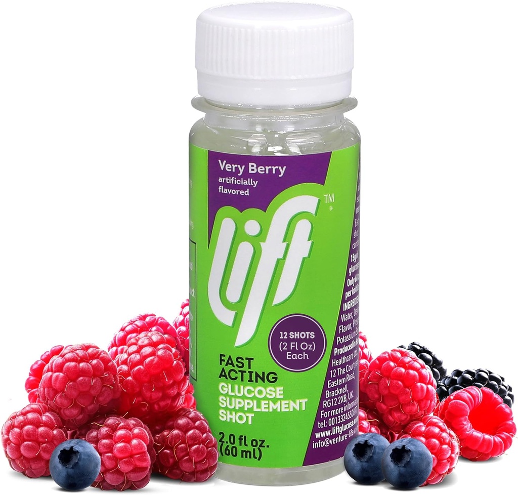 Lift Glicose rápida de ação Glicose Energia Suco shots, Muito Berry, Cafeína-livre, 2,0 fl oz garrafas (Pacote de 12)