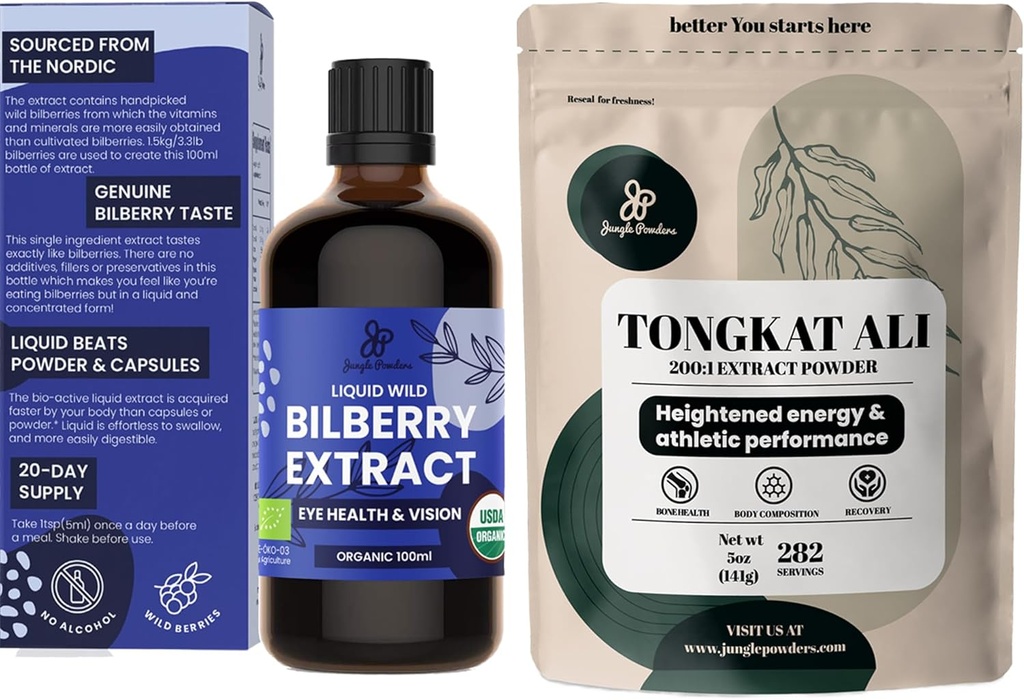 Jungle Powders Tongkat Ali for Men Pounders 200: 1 Extract 5 Ounce Bag, Wild Bilberry Extract for Eyes Organic 3.4oz Tambahan Bilberry Botol untuk Mata