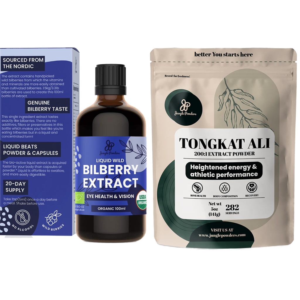 Jungle Powders Tongkat Ali for Men Powders 200:1 Extract 5 Ounce Bag, Wild Bilberry Extract for Eyes Organic 3.4oz Bottle Bilberry Supplement for Eyes