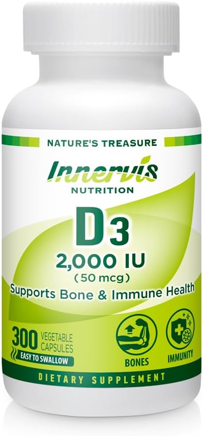 High Potency Vitamin D3 2000 IU – Boost Immune, Support Bone & Teeth, Easy to Swallow 300 Veg Capsules