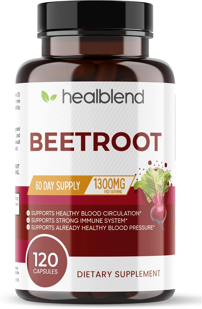 Healbend Organic Beet Root Capsules 1300mg - Nitric oksidanlıq Beets Sağlamlıq Qızdırma, Heart Health, Circulation Superfood - 120 Count